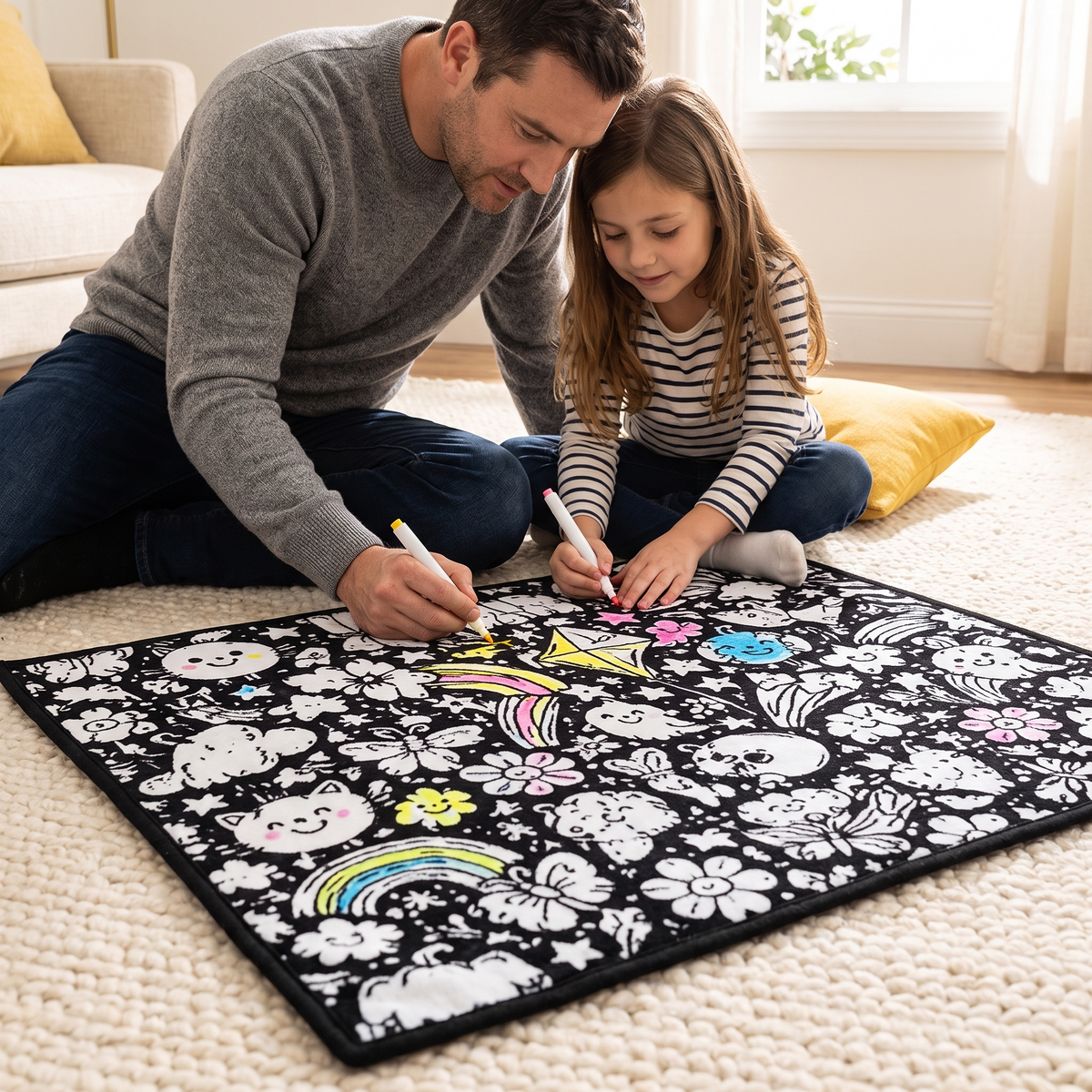 A father and daughter coloring their Scriblo blanket